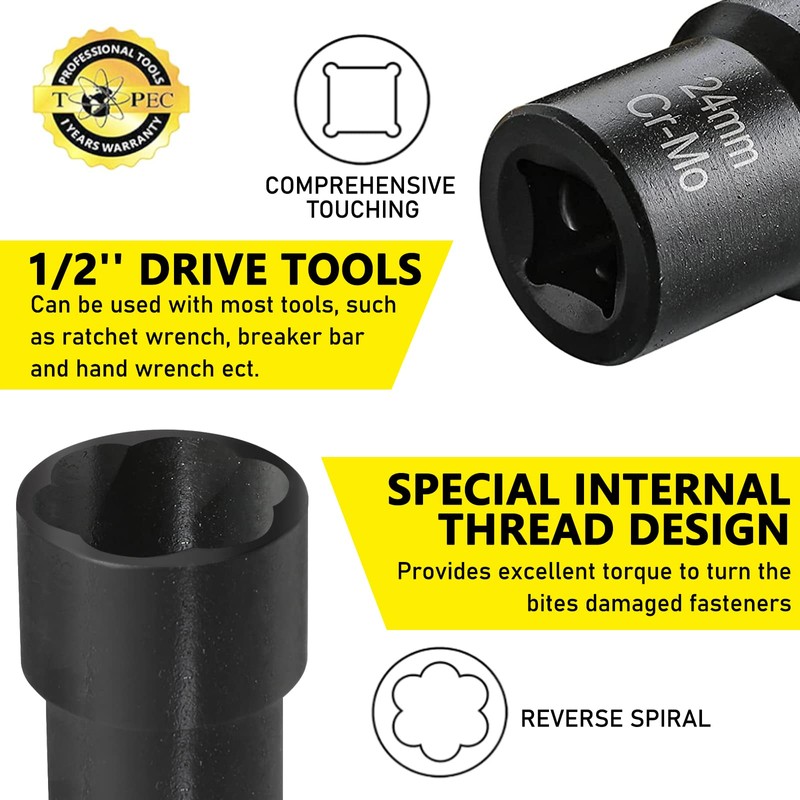 TOPEC Bolt Extractor Set, 10 Piece Lug Nut Remover Socket