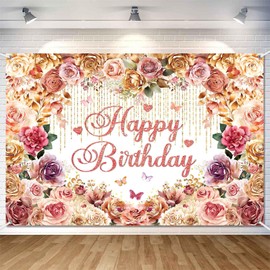 LDWLYW 8x6ft Rose Gold Floral Happy Birthday Backdrop Banner Pink Flower Birthday Decorations for Women Large Pink Gold Flowers Roses Theme Photography Background Party Decor