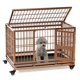 Gardner Pet 32 Inch Heavy Duty Dog Crate with Wheels, Folding Metal Dog Cage for Puppy/Small and Medium Dogs, Indestructible Dog Crate with Removable Tray (Brown)