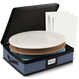 Platter Storage Case – Fine China Storage Containers Hard Shell, Quilted and Stackable 16”x 12.5”x 3.5” Platter Storage Container with Handles and Felt Dividers for Moving and Seasonal Storage, Blue