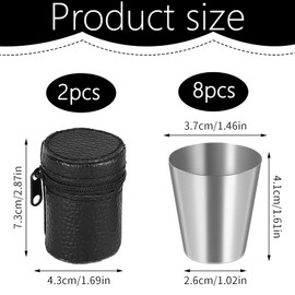 Pack of 8 Stainless Steel Cups, 30 ml Stackable Shot Cups, Small Stainless Steel Cups, Shot Cups, Stainless Steel, Portable Metal Cups, Stackable with 2 Leather Cases with Zip for Camping, Picnics,