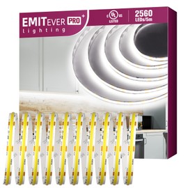 EMITEVER COB LED Strip Lights White, 5000K Tape Light Premium High Density, DC 24V, 360+Lumens/ft, 2560LEDs/Spool, Ra 90+, 16.4ft/5m, UL Listed 5 Year After-Service (Power Supply Sold Separately)