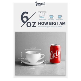 Sweese 403.001 Porcelain Cappuccino Cups with Saucers - 6 Ounce for Specialty Coffee Drinks, Latte, Cafe Mocha and Tea - Set of 6, White