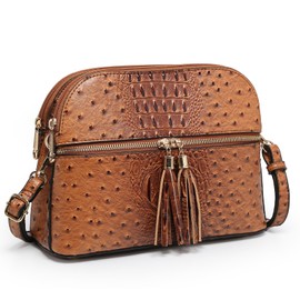 Dasein Women Tassel Zipper Pocket Crossbody Bag Shoulder Purse Fashion Travel Bag with Multi Pockets(Ostrich Brown)