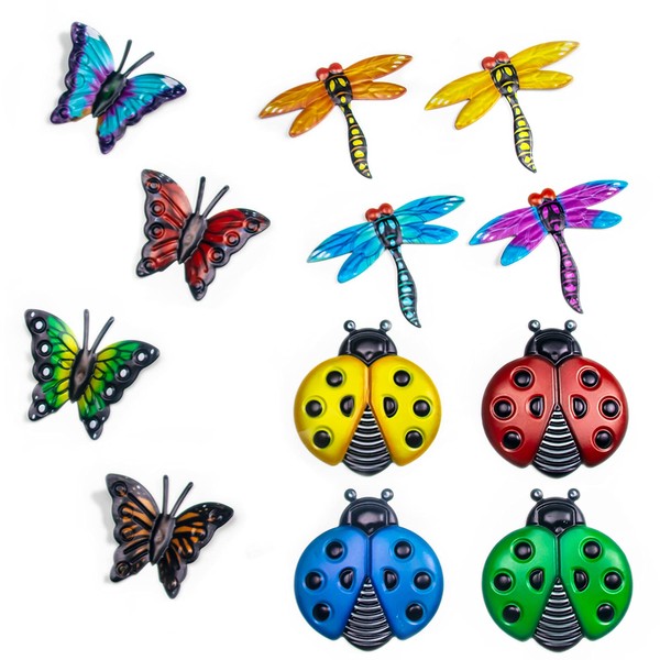 foxany Metal Butterfly Wall Decor, 4 Butterflies and 4 Dragonfly, 4 Ladybugs Wall Decor Sculpture, Hanging Outdoor Garden Fence Art for Patio, Backyard, Home, Farmhouse, Set of 12