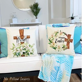 JOJOGOGO He is Risen Easter Decor Throw Pillow Covers 18x18 Set of 2, Happy Easter Christian Cross Decor Pillows for Couch 18 x 18, Religious Decorations Spring Lily Floral Pillow Covers