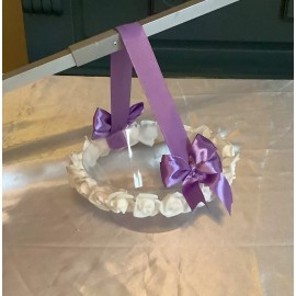 Handmade Rose flower girl basket with clear basket and ribbon handle….you choose ribbon