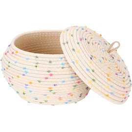 Sea Team Round Cotton Rope Storage Basket with Lid, Colorful Rainbow Pompom Woven Storage Bin, Pot, Caddy, Organizer, Container for Snacks, Towels, Plants, 10 x 7.5 Inches (Small, Rainbow)