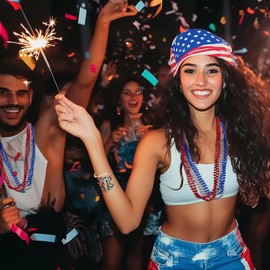 HOOSUN 4th of July Beaded Necklace,30 Pcs Patriotic Star Bead Necklaces Red Silver and Blue Accessories,Fourth of July Beads for Independence Day,Memorial Day Patriotic Parades,Party Decor Supplies