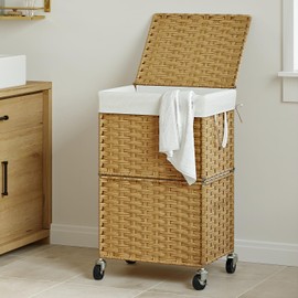 Chrislley 90L Slim Laundry Hamper with Wheels, Rolling Laundry Basket with Lid and Renovable Liner Bag, Handwoven Rattan Organizer for bedroom, bathroom, laundry room (Yellow)