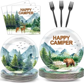 Camping Party Plates Napkin Happy Camper Dinnerware Camping Adventure Themed Birthday Party Tableware Set Disposable Fork Supplies for Boys Girls Camping Tournament Birthday Party Decorations Serve 24