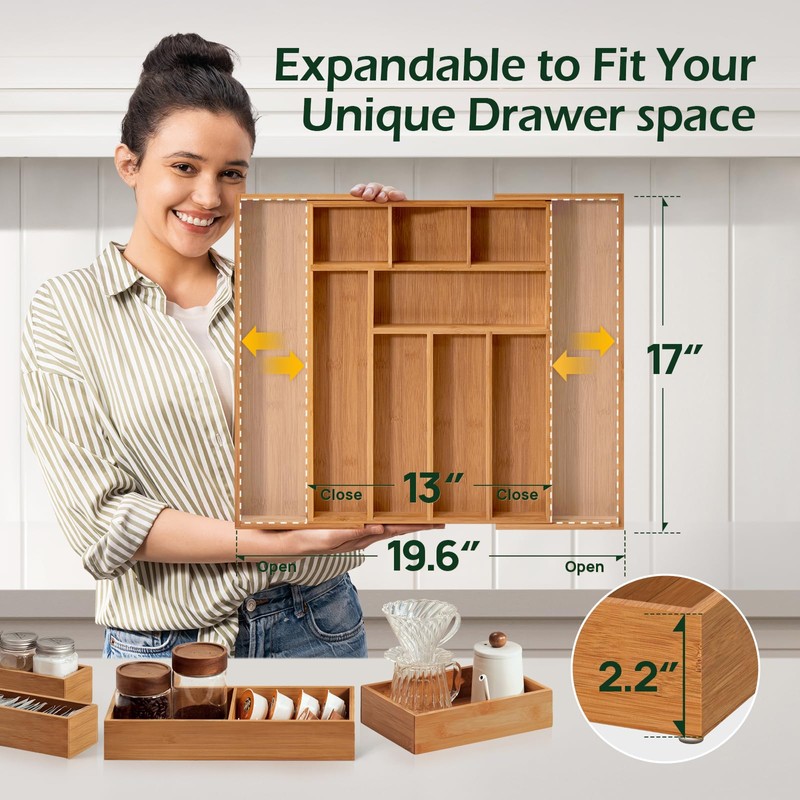 keechee 6-Piece Bamboo Drawer Organizer Set, 2.2" Deep | Multi-Use