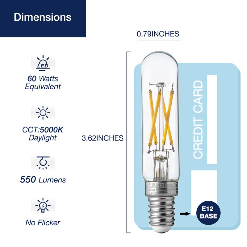 FLSNT 5000K Daylight Candelabra LED Bulbs 60W Equivalent, Dimmable T6/T25