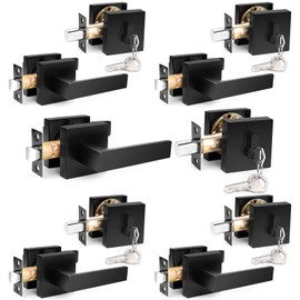 Probrico Flat Black Passage Door Lever with Single Cylinder Deadbolts Combo Pack, Modern Square Lock Set Handleset,Exterior Door Handle and Deadbolts Set,Exterior Door Lever Passage 5 Pack