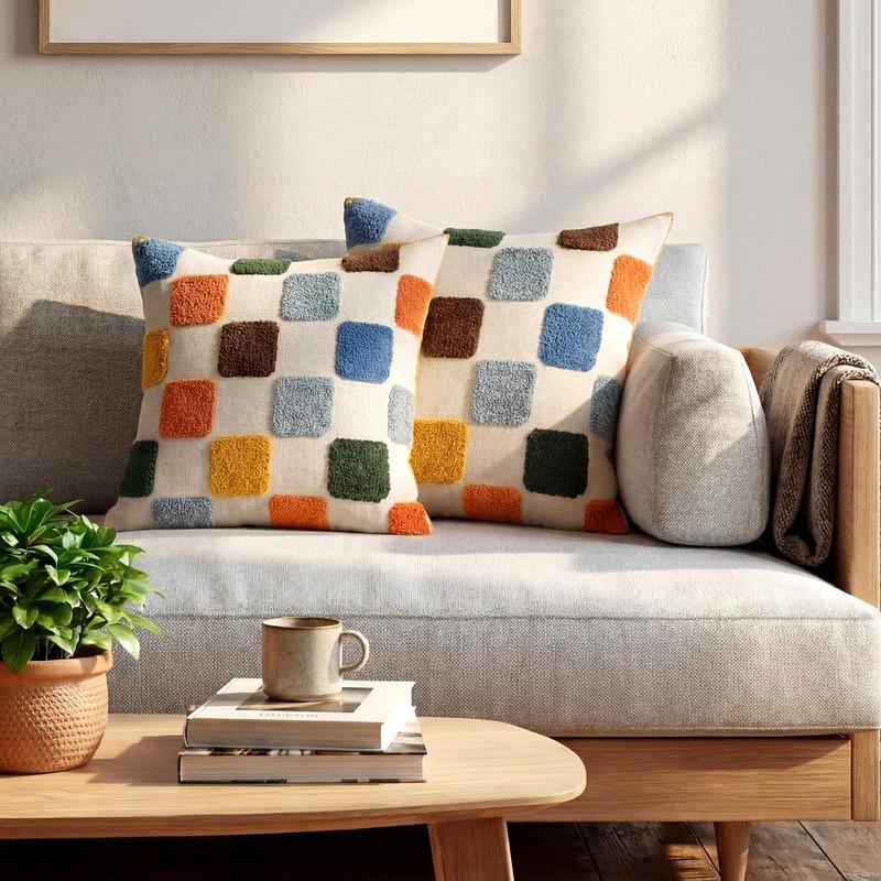 Mindsoft 2 Pcs Embroidered Plaid Throw Pillow Cover 18x18 Inches