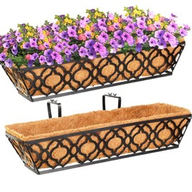 2pcs 24 Inch Window Deck with Coco Liner, 24" Window Boxes Horse Trough with Coconut Coir Liner,Metal Hanging Flower Planter Window Basket Deck Railing Planter Boxes for Outdoor Indoor Lawn