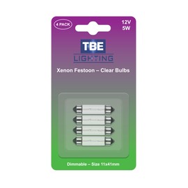 TBE Lighting Replacement Festoon Bulbs, PACK OF 4 Xenon lights for Undercabinets & Car Interior Lighting. Clear glass finish, Warm White colour - 12v / 5w / Dimmable 11mm x 41mm Energy efficient Bulbs