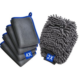 6 Stück Auto Waschen Set, Auto Reinigungsset mit 4 Stück Mikrofasertücher & 2 Stück Waschhandschuh, Auto Zubehör Accessoires Autopflege Trockentuch zum Kratzfreien, Car Cleaning Kit