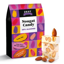 Nougat Candy by Zest Delites, 25% Almonds Torrone Italian Candy Individually Wrapped, Soft & Chewy, Gluten-Free, No Preservatives, Low Fat, 100 Calories Per Serving, 7.48 oz