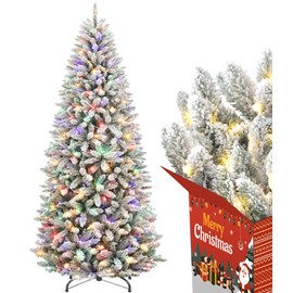 Flocked Christmas Tree with Slim Design,with 710 Realistic Branch Tips and White Tree Skirt,Artificial Christmas Tree with Light,Easy to Set,6ft