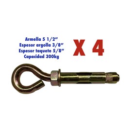 ARMELLA EXPANSIVA KIT 4 PZ USO RUDO ALTA RESISTENCIA ANTIOXIDO SOPORTE PARA MALLA SOMBRA HAMACAS COSTAL DE BOXEO Y MULTIUSOS (3/8")