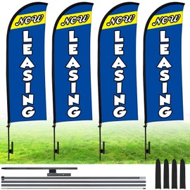 Buryeah 4 Sets 15ft Now Leasing Flags Banners for Advertising with Flagpole Ground Stake Portable Bag Feather Now Leasing Signs Banner for Business Advertising (Blue)