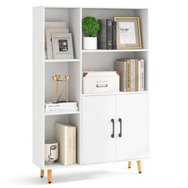 LOKO 47" Storage Cabinet, Bookcase with Double Doors, Modern Floor Bookshelf with 5 Open Compartments & Storage Cabinet, Freestanding Display Cabinet with Metal Legs, Storage Organizer for Living Room