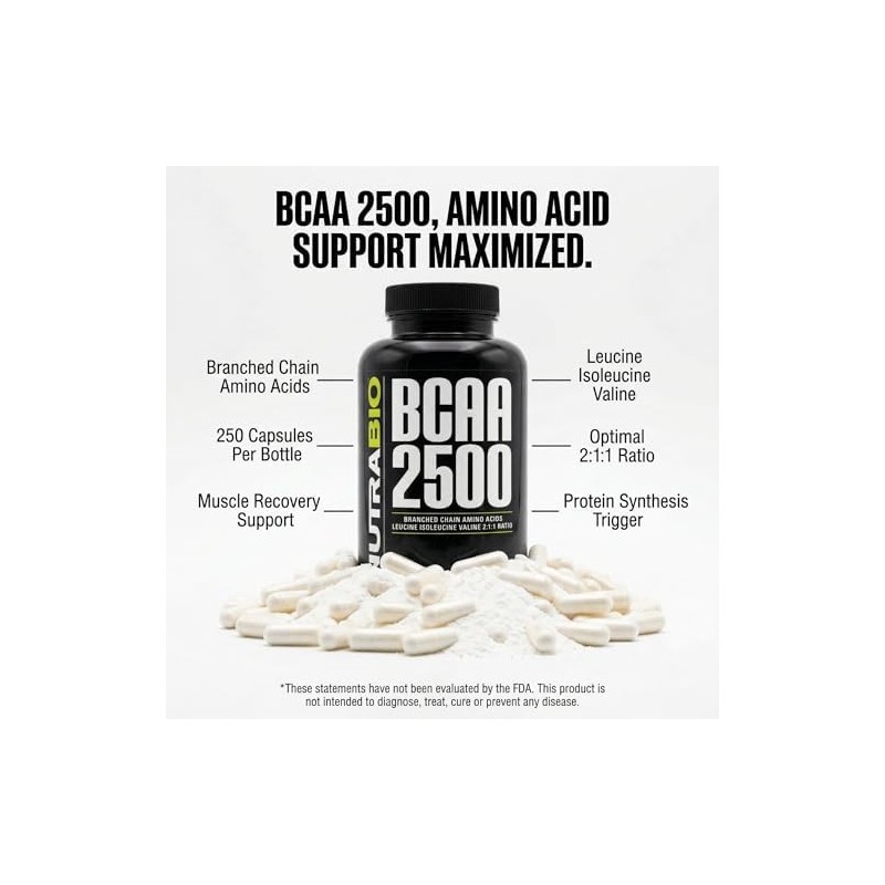 NutraBio- BCAA 2500 Aminoácidos de Cadena Ramizada Apoya el Nuevo