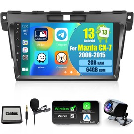 Fuluku【2+64G 18 FM Radio】 for Mazda CX-7 2006-2015 Car Stereo Android 13 with Wireless Carplay Android Auto Mirror Link, 9’Touchscreen Radio WiFi/GPS/RDS/Bluetooth/SWC/Waterproof Night Backup Cam Mic