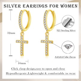 Loutade Silver Hoop Earrings for Women, 925 Sterling Silver Hoop Earrings with Cross Dangle, Hypoallergenic Gold Earrings Minimalist CZ Cute Cross Charm Dangling Gold Huggie Earrings Trendy Jewelry