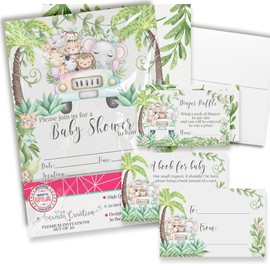 Baby Shower Invites for Boys or Girls – Jungle Safari Baby Shower Invitation Bundle with Diaper Raffle Tickets, Book Request Cards & Envelopes. Set of 20 5X7 Safari Jungle Theme Invitation Kit Sets