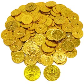 Flyekist Gold Coins Plastic - 100 Count Kids Play Money Pirate Tokens - Fake Gold Coins for St. Patricks Day Party Favors,Pirate Party,Treasure Hunt Game