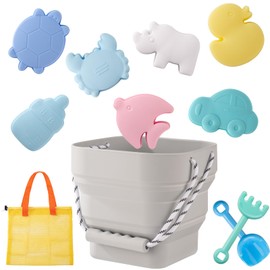 WEYOVGO Silicone Beach Toys - Modern Baby Travel Friendly Beach Set | Bucket, Shovel, 7 Sand Molds, Bag | Sand Toys for Toddlers, Kids - 11pc (Light Gray)