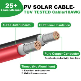 Oududianzi 10AWG Solar Extension Cable 70Ft, Solar Panel Extension Cable, 10 AWG Solar Wire, PV Wire, Solar Panel Wires and Connectors for Solar Systems (70FT Red+70FT Black)