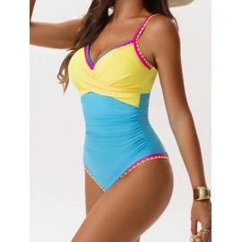 EVOCRCO Women's One Piece Swimsuits Tummy Control V Neck Bathing Suit Tie Back Push Up Swim Suit Shell Stitched Swimwear Color Block