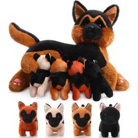 HyDren Nurturing German Shepherd Plush Toys Sets 15 Inch Soft Cuddly Nursing Mommy Dog Stuffed Animal with 4 Magnetic Stuffed Baby Puppies for Kids Birthday Holiday Party Favor Gifts Home Room Decors