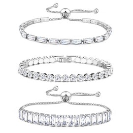 Thunaraz 3Pcs Silver Bracelet for Women Cubic Zirconia Adjustable Slider Bracelets Glitter Tennis Bracelet Gold Silver Bracelets Set,Silver CZ