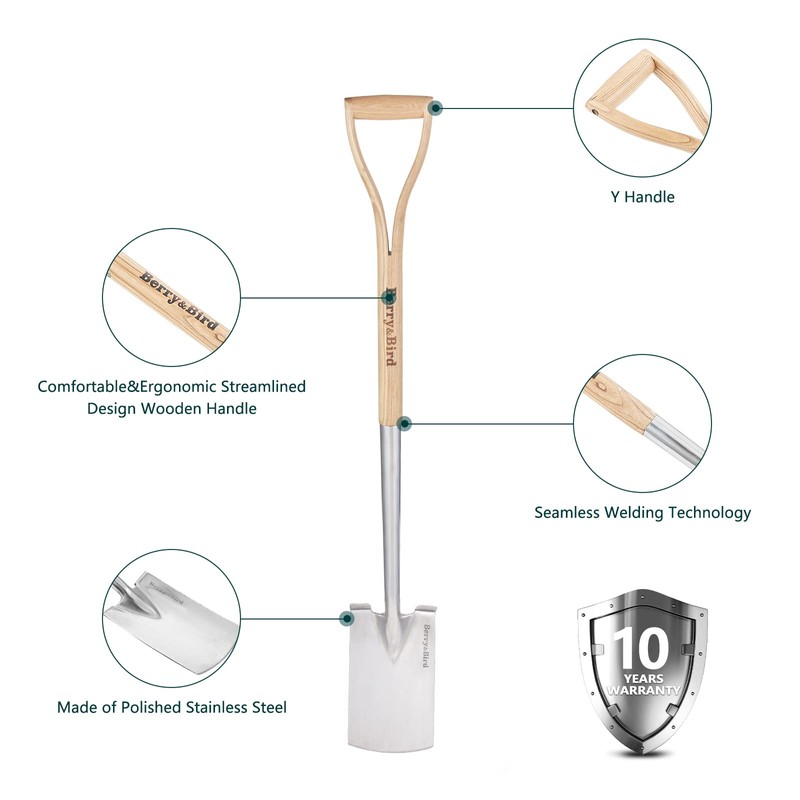 Berry&Bird Garden Digging Spade, 41" Stainless Steel Square Border Spade,