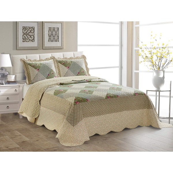 Fancy Linen Over Sized Quilted Coverlet Bedspread Set New (King/California King, Beige Green Floral Geometric)