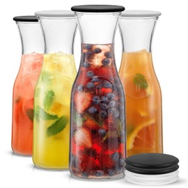 JoyJolt Glass Carafe with Lids. 4 Glass Carafes for Mimosa Bar 36 oz Capacity. 8 Lids! Brunch Decorations, Bedside Water Carafe, Orange Juice Container, Catering Drink Carafes & Pitchers for Parties