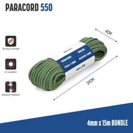 Brotree 550 Paracord 4mm 15m Rope Type III 7 Strands 100% Polyester Parachute Cord for Crafting, Camping, Outdoor, Survival - Forest Green