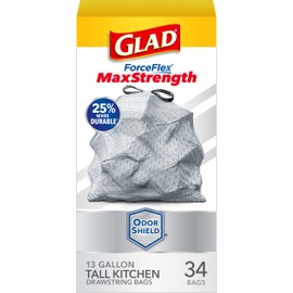Glad ForceFlex MaxStrength Tall Kitchen Trash Bags, 13 Gal, Odor Shield, 34 Ct (Package May Vary)