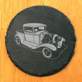 Handcrafted Rustic Slate Coasters Set with Laser-Etched 32 Ford Truck Hotrod Design - Stylish Drink Coasters for Home Décor and Car Enthusiasts - Round Slate - set of 8