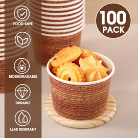 Nuanchu 100 Pack Rustic Wood Treat Snack Cups 9 oz Wood Grain Paper Snack Bowls Farmhouse Disposable Dessert Bowls Soup Cups for Hot or Cold Food Western Themed Birthday Camping Baby Shower Party