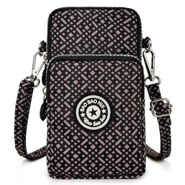 Best World 4 Yu Lightweight Nylon Crossbody Bag Cellphone Wallet for Women Girls Mini Shoulder Purse, Small Bag for Dog Walking with Long Strap(Coffee Small Grid)