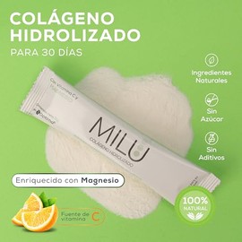 MILU | Colágeno Hidrolizado con Magnesio y Vitamina C | 30 Sobres individuales de 11g (1Caja) | Suplemento Alimenticio Sin Saborizantes - Sin Olor - Sin Azúcar | Péptidos de Colágeno Porcino | Apto para dietas Keto |