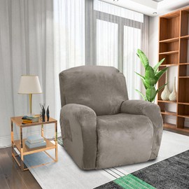 MAXIJIN Velvet 4 Piece Recliner Cover Stretch Plush Soft Cover for Recliner Chair Thick Soft Recliner Chair Slipcover Separate Chair Cover for Recliner with Side Pocket (Recliner, Khaki)