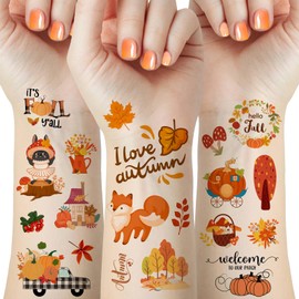 65 Pieces Fall Temporary Tattoos for Kids, 12 Sheets Autumn Harvest Thanksgiving Temporary Tattoo Stickers With Pumpkin Maple Leaves Squirrels Deer Design for Fall Party Decorations Favors Festival