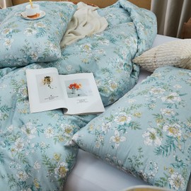 Merryword 100% Cotton Queen Comforter Set White and Blue Floral Bedding Set for Girls Women Soft Vintage Garden Floral Comforter Set with 2 Pillowcases Botanical Bedding Set for All-Season