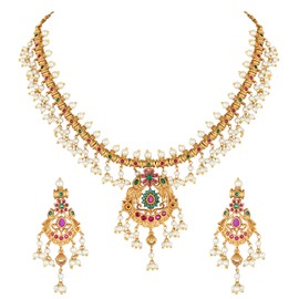 Aheli South Indian Traditional CZ Designer Necklace Earrings Bollywood Ethnic Wedding Jewelry Set Gift for Women Red Green White Drop Pearls